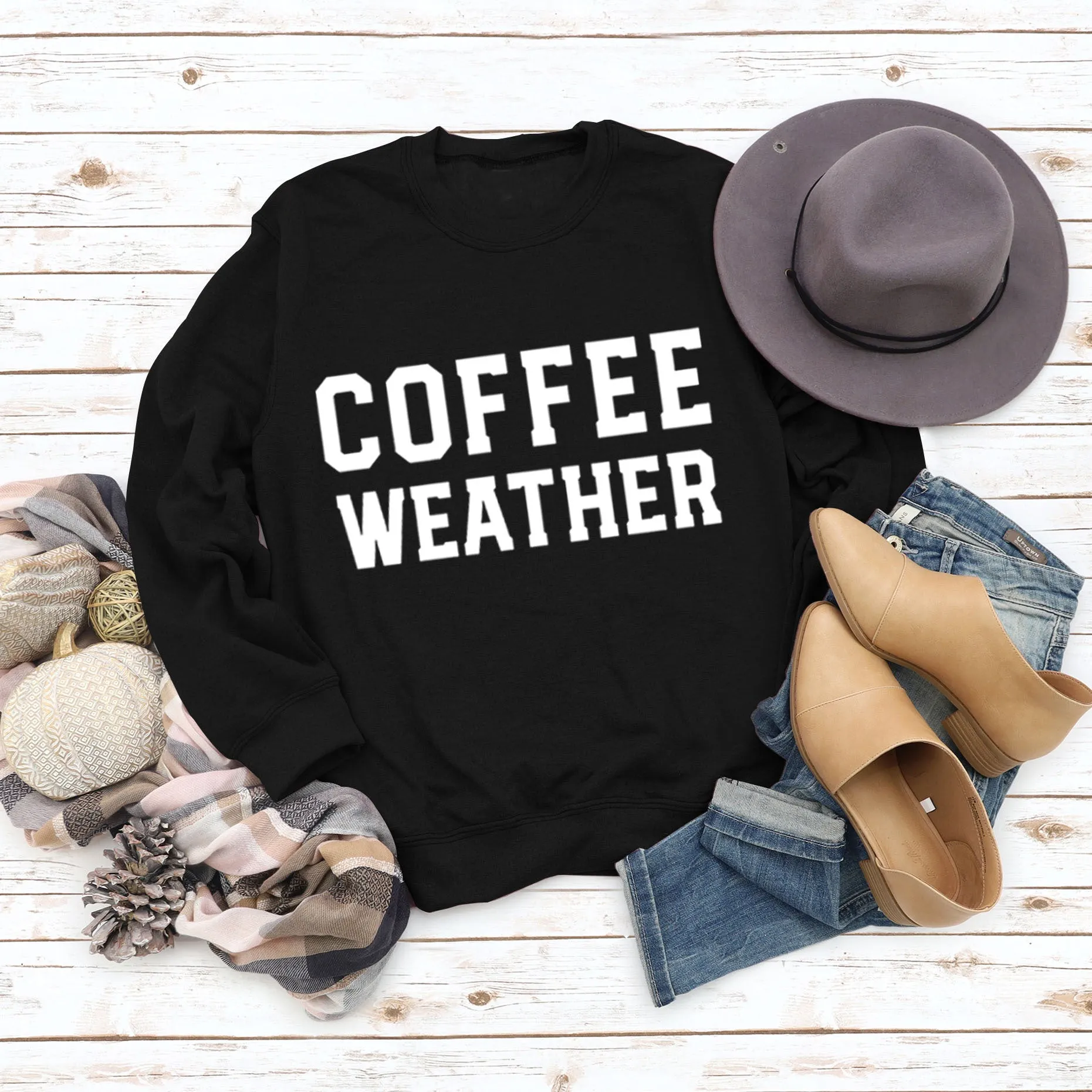 Letter COFFEE WEATHER Fashion Long Sleeve Women's Cross-border Round Neck Sweater