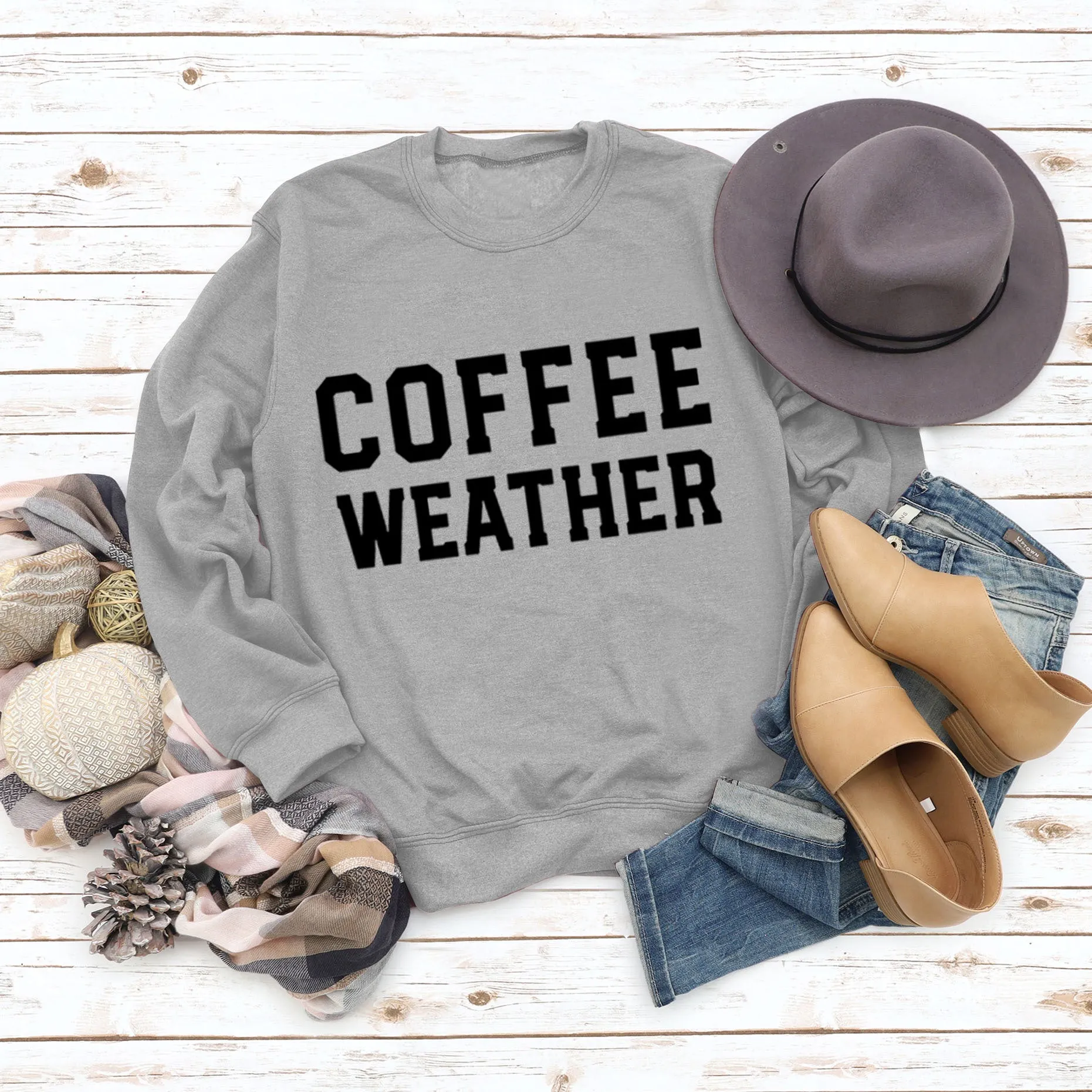 Letter COFFEE WEATHER Fashion Long Sleeve Women's Cross-border Round Neck Sweater