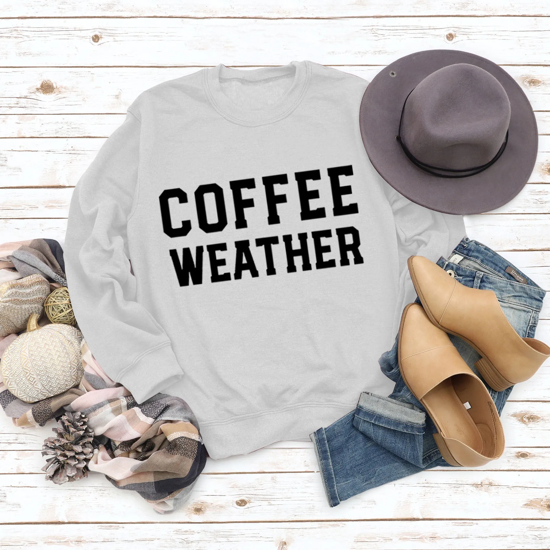 Letter COFFEE WEATHER Fashion Long Sleeve Women's Cross-border Round Neck Sweater