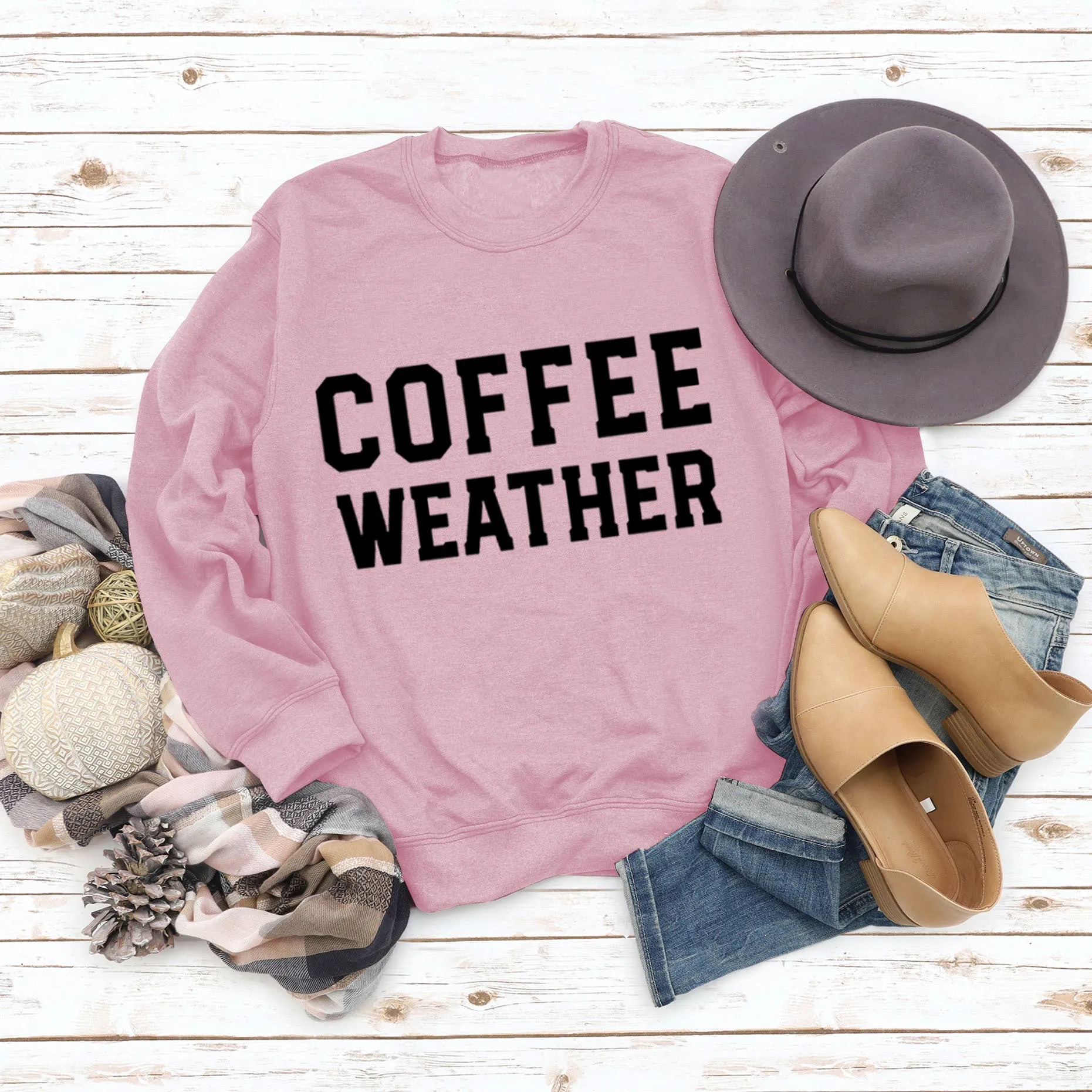 Letter COFFEE WEATHER Fashion Long Sleeve Women's Cross-border Round Neck Sweater