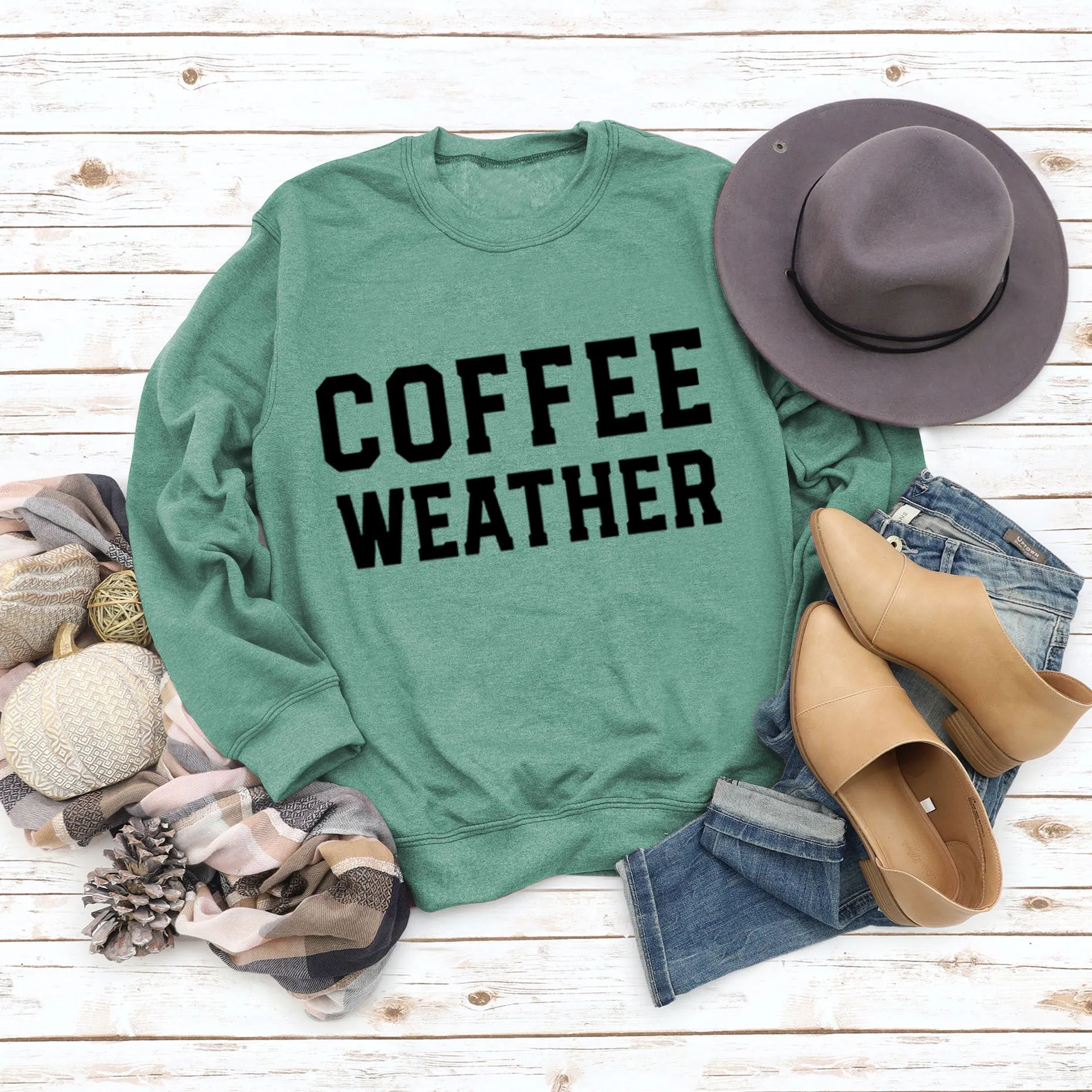 Letter COFFEE WEATHER Fashion Long Sleeve Women's Cross-border Round Neck Sweater