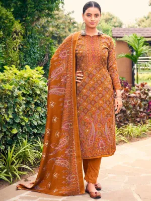 Mustard Printed Pashmina Unstitched Winter Ladies Suit Set