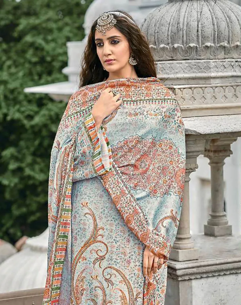 Pashmina Light Blue Winter Unstitched Suit Material with Shawl Dupatta