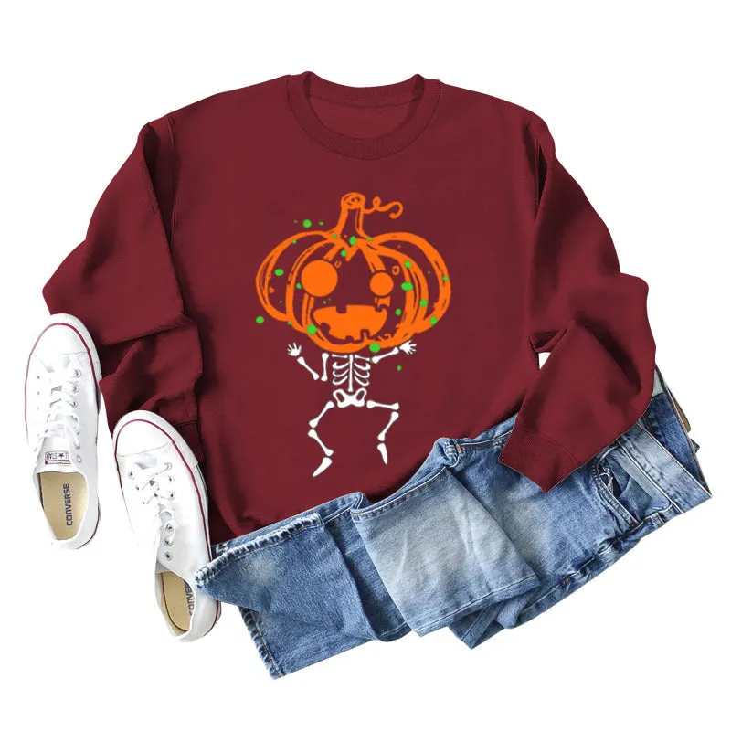 Pumpkin Skull Print Crew Neck Base Long Sleeve Ladies Sweater