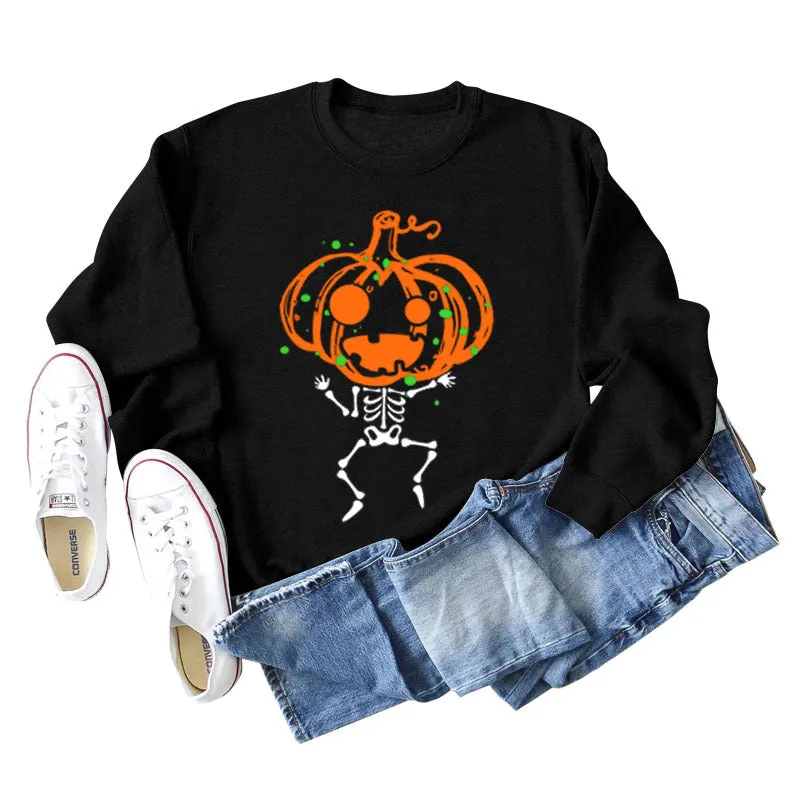 Pumpkin Skull Print Crew Neck Base Long Sleeve Ladies Sweater