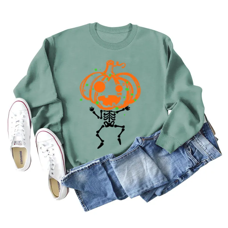 Pumpkin Skull Print Crew Neck Base Long Sleeve Ladies Sweater