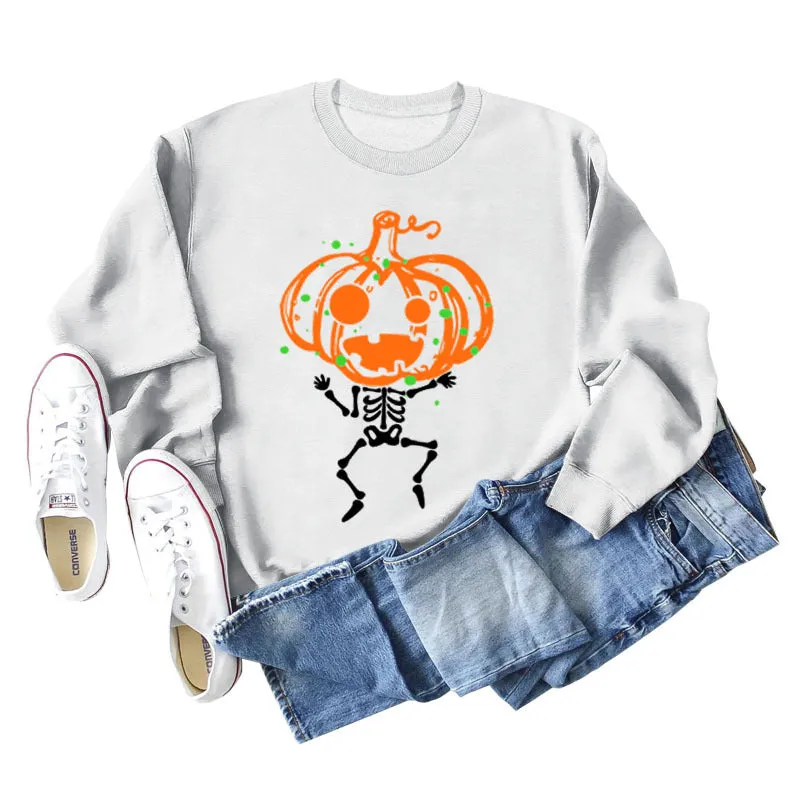 Pumpkin Skull Print Crew Neck Base Long Sleeve Ladies Sweater