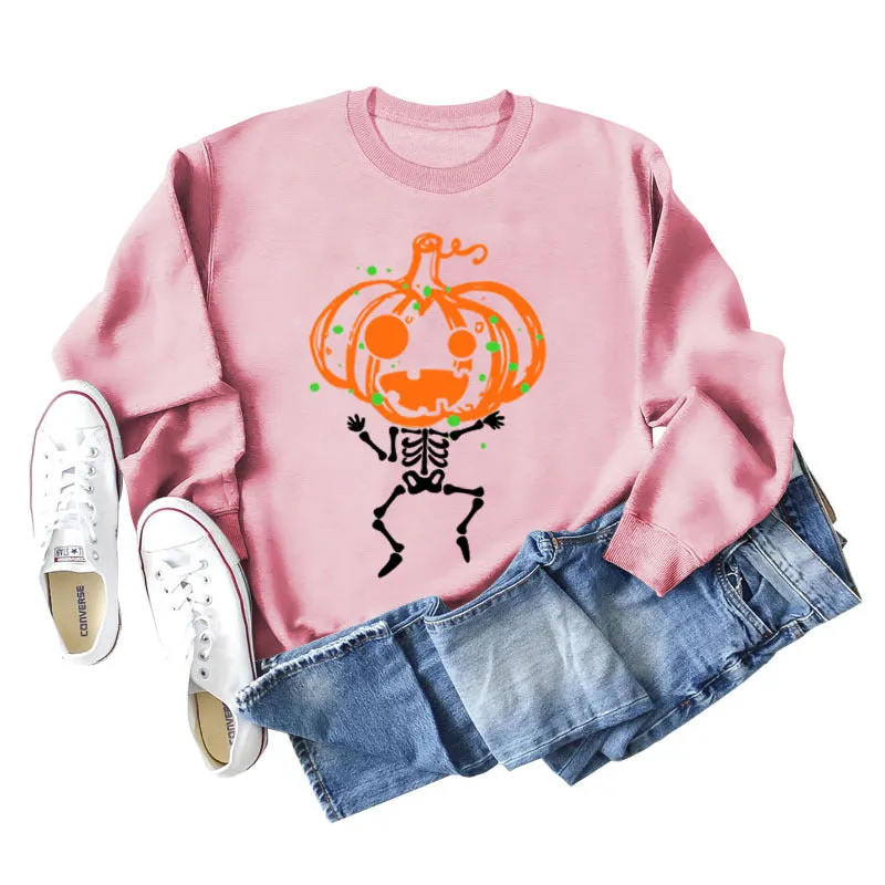 Pumpkin Skull Print Crew Neck Base Long Sleeve Ladies Sweater