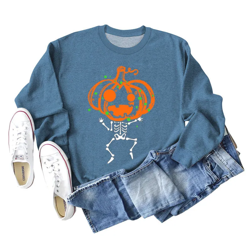 Pumpkin Skull Print Crew Neck Base Long Sleeve Ladies Sweater