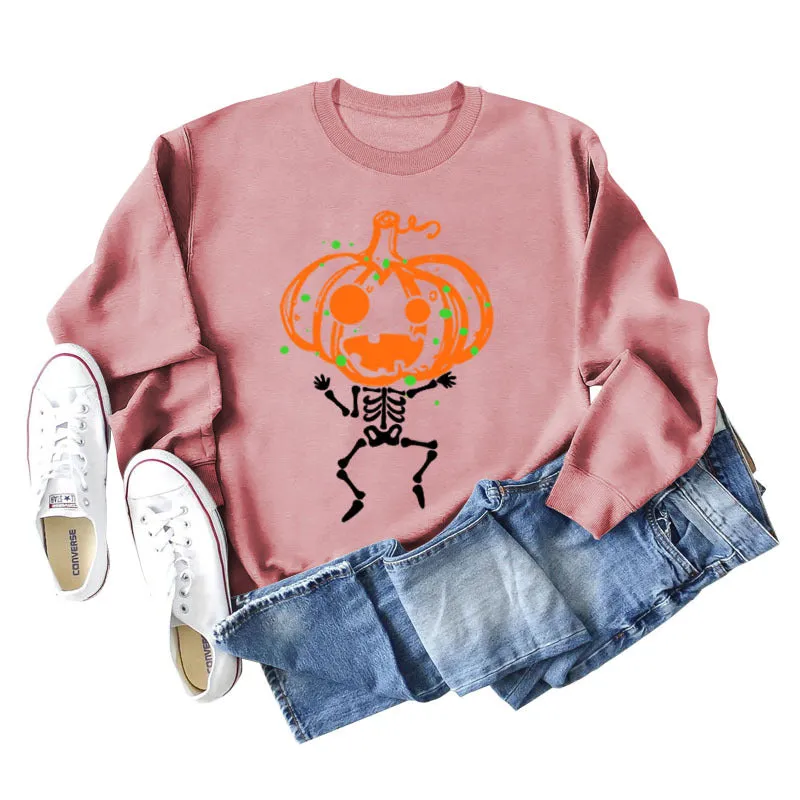 Pumpkin Skull Print Crew Neck Base Long Sleeve Ladies Sweater