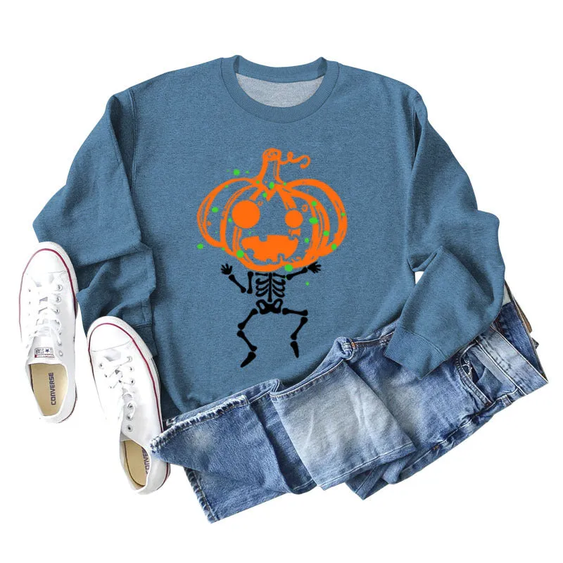 Pumpkin Skull Print Crew Neck Base Long Sleeve Ladies Sweater