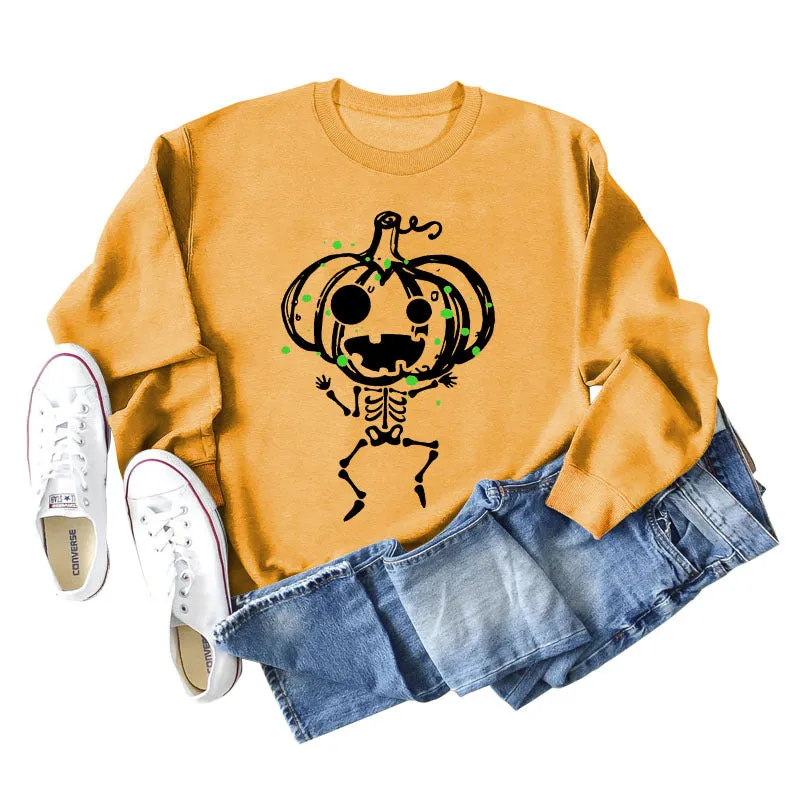 Pumpkin Skull Print Crew Neck Base Long Sleeve Ladies Sweater