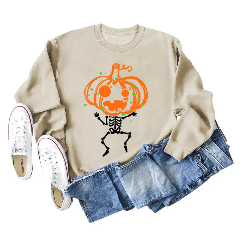 Pumpkin Skull Print Crew Neck Base Long Sleeve Ladies Sweater