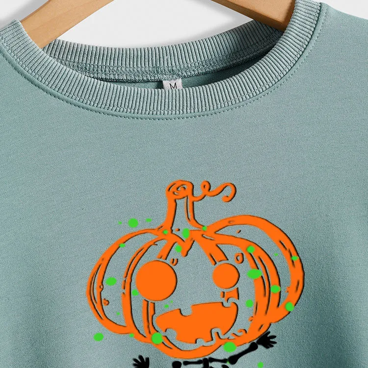 Pumpkin Skull Print Crew Neck Base Long Sleeve Ladies Sweater