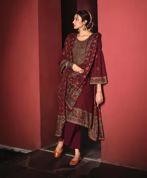 Pure Pashmina Maroon Winter Unstitched Suits With shawl