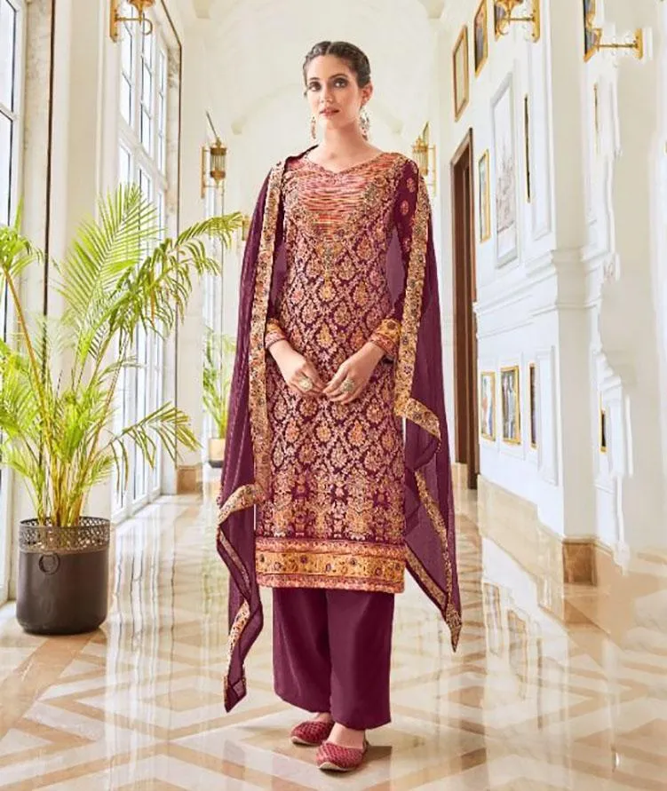 Pure Wool Pashmina Purple Winter Unstitched Suit With Dupatta