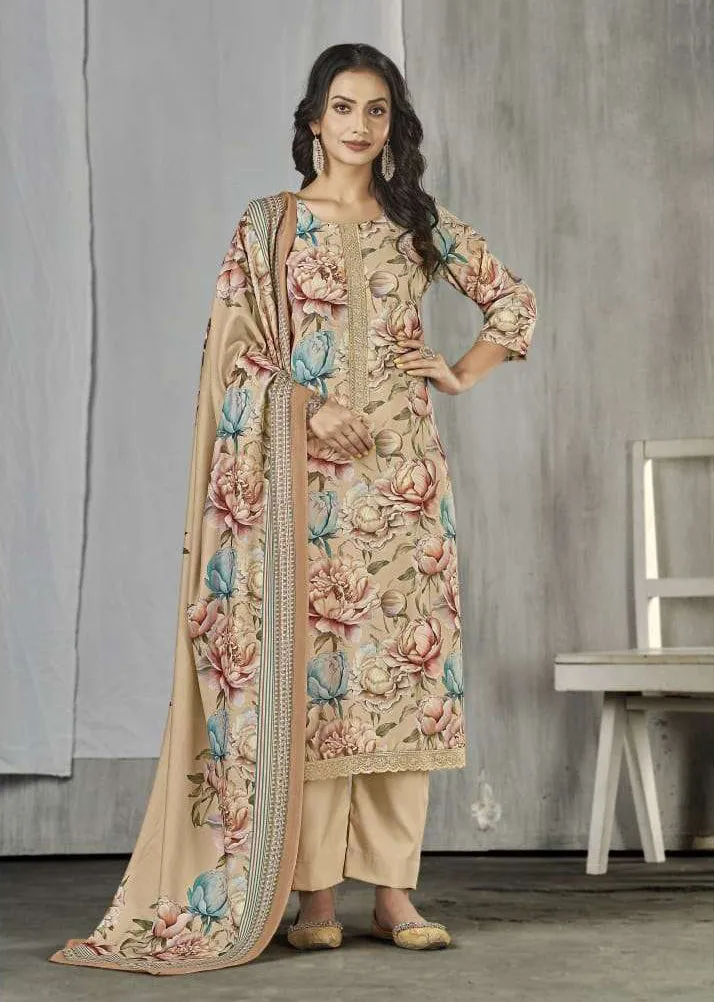 Rivaa Unstitched Beige Pashmina Winter Suit Material Fabric for Women