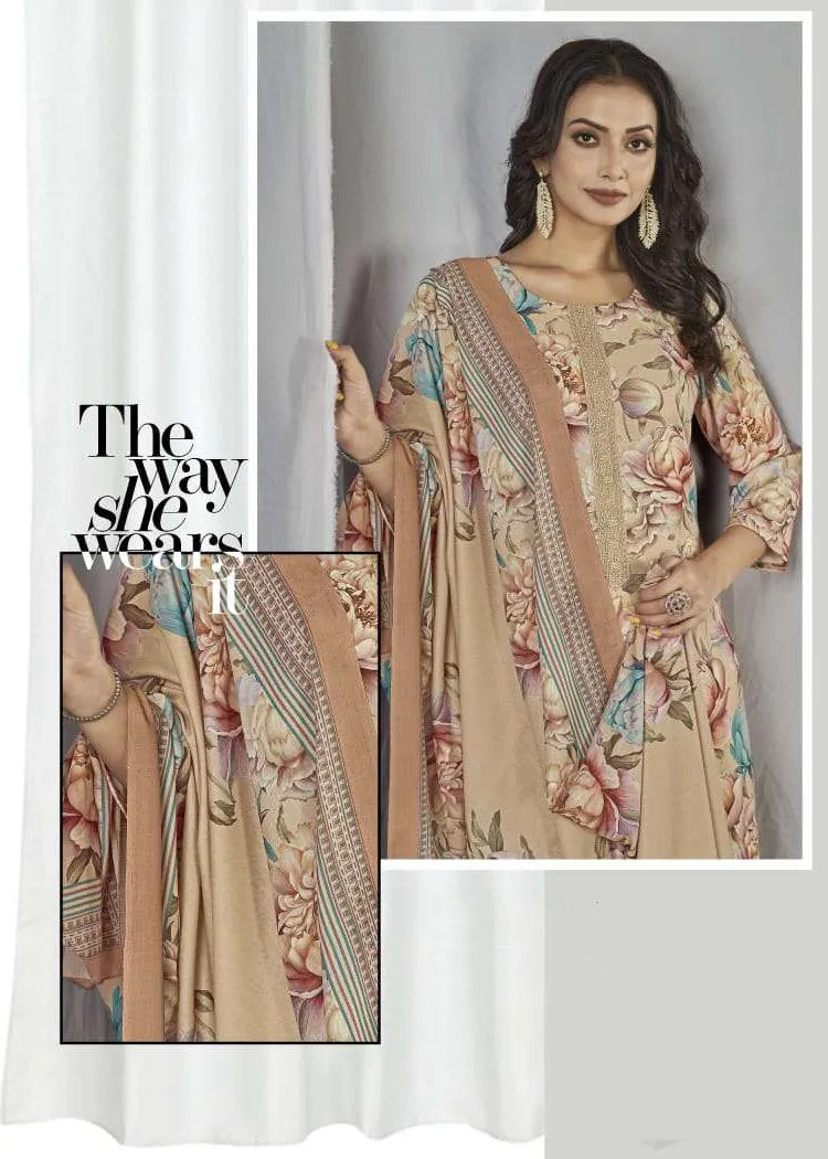 Rivaa Unstitched Beige Pashmina Winter Suit Material Fabric for Women