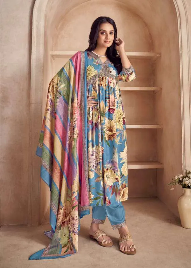 Rivaa Unstitched Teal Blue Pashmina Winter Suit Dress Material