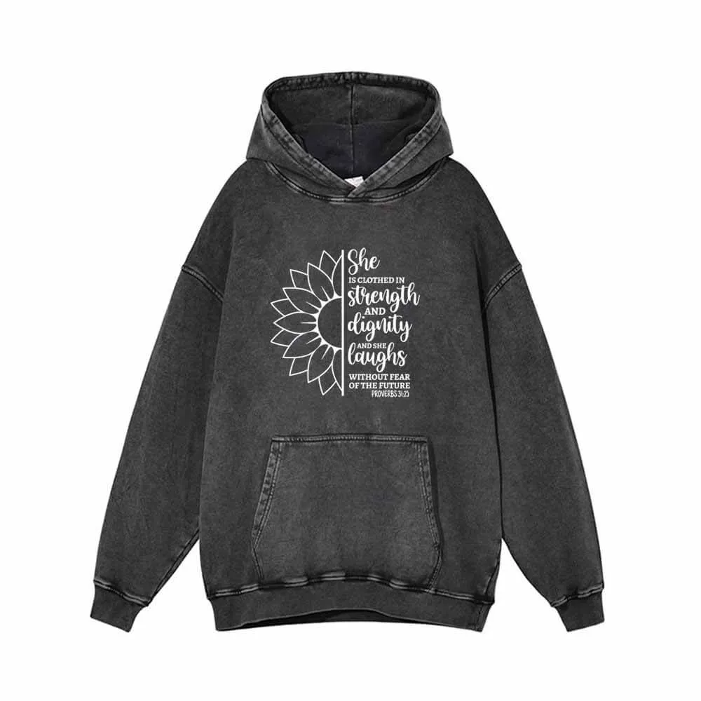 She Is Clothed In Strength Sun Flower Vintage Washed Hoodie