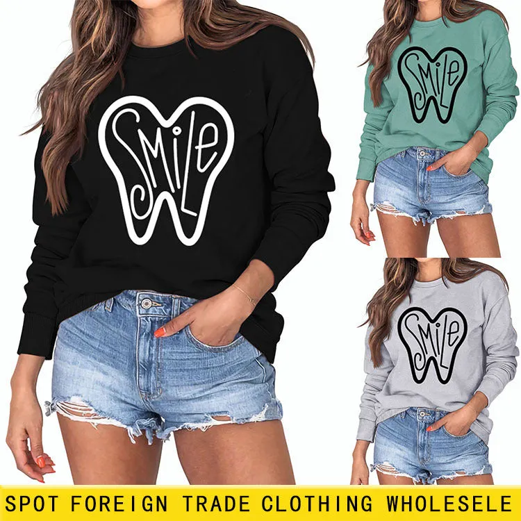 Smile Teeth Letters Autumn and Winter Bottoming Round Neck Long Sleeve Shirt Women's Sweater