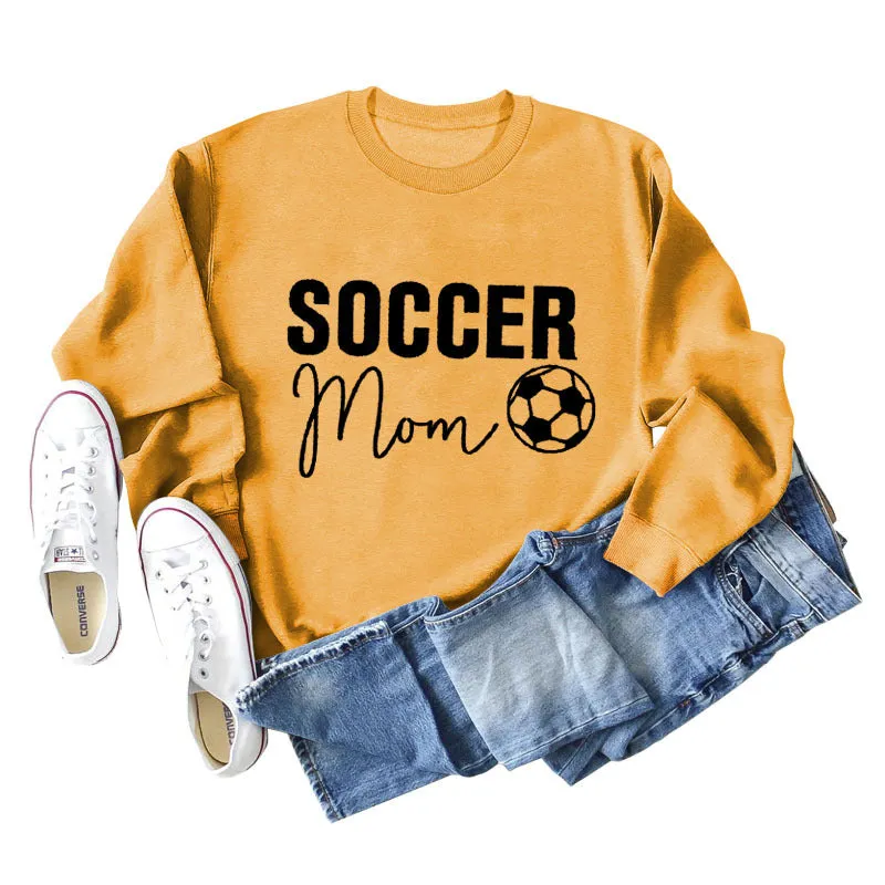 SOCCER MOM Football Letter Fashion Women's Long Sleeve Shirt Loose Sweater