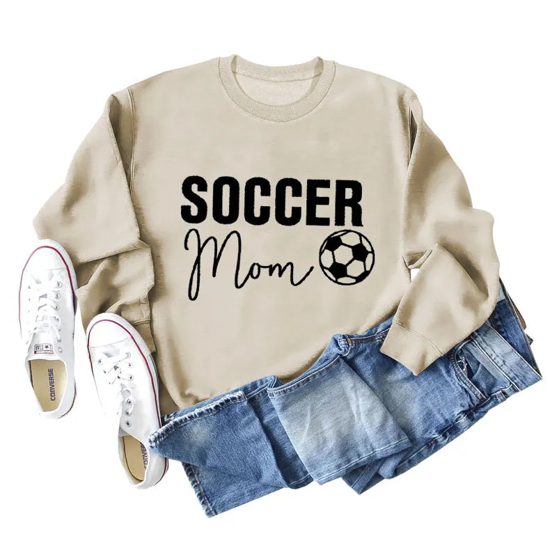 SOCCER MOM Football Letter Fashion Women's Long Sleeve Shirt Loose Sweater