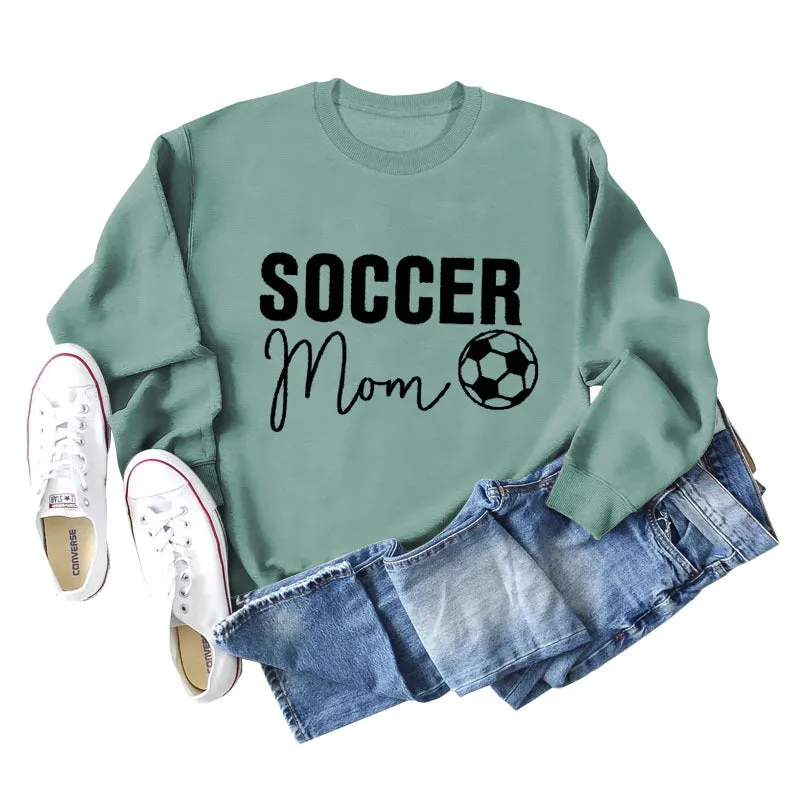 SOCCER MOM Football Letter Fashion Women's Long Sleeve Shirt Loose Sweater