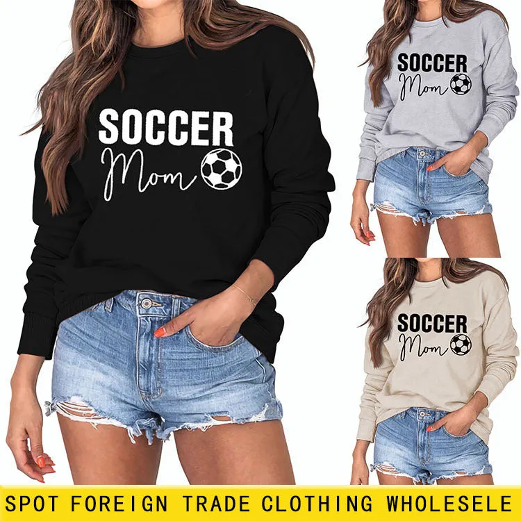 SOCCER MOM Football Letter Fashion Women's Long Sleeve Shirt Loose Sweater