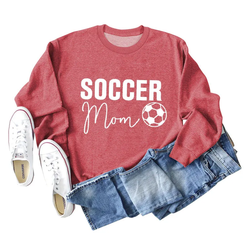 SOCCER MOM Football Letter Fashion Women's Long Sleeve Shirt Loose Sweater