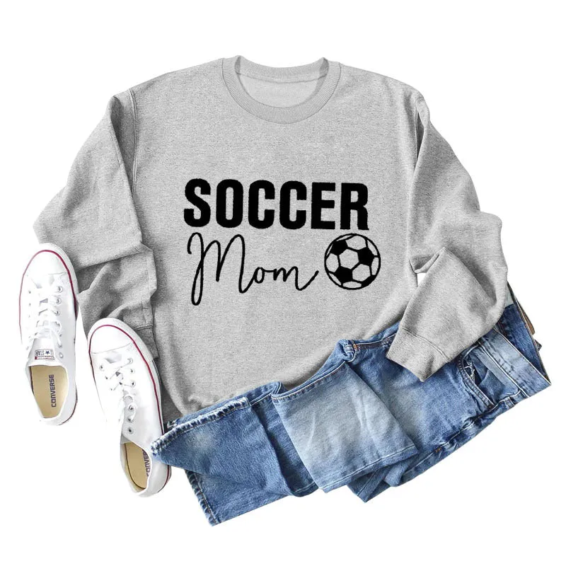 SOCCER MOM Football Letter Fashion Women's Long Sleeve Shirt Loose Sweater