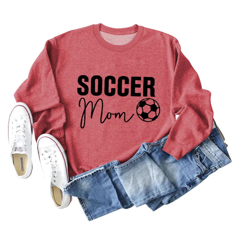 SOCCER MOM Football Letter Fashion Women's Long Sleeve Shirt Loose Sweater