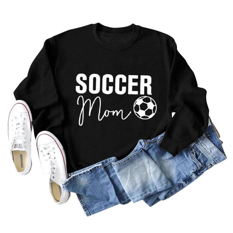 SOCCER MOM Football Letter Fashion Women's Long Sleeve Shirt Loose Sweater