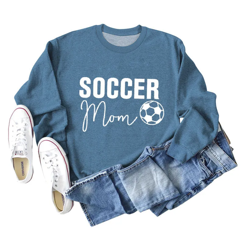 SOCCER MOM Football Letter Fashion Women's Long Sleeve Shirt Loose Sweater