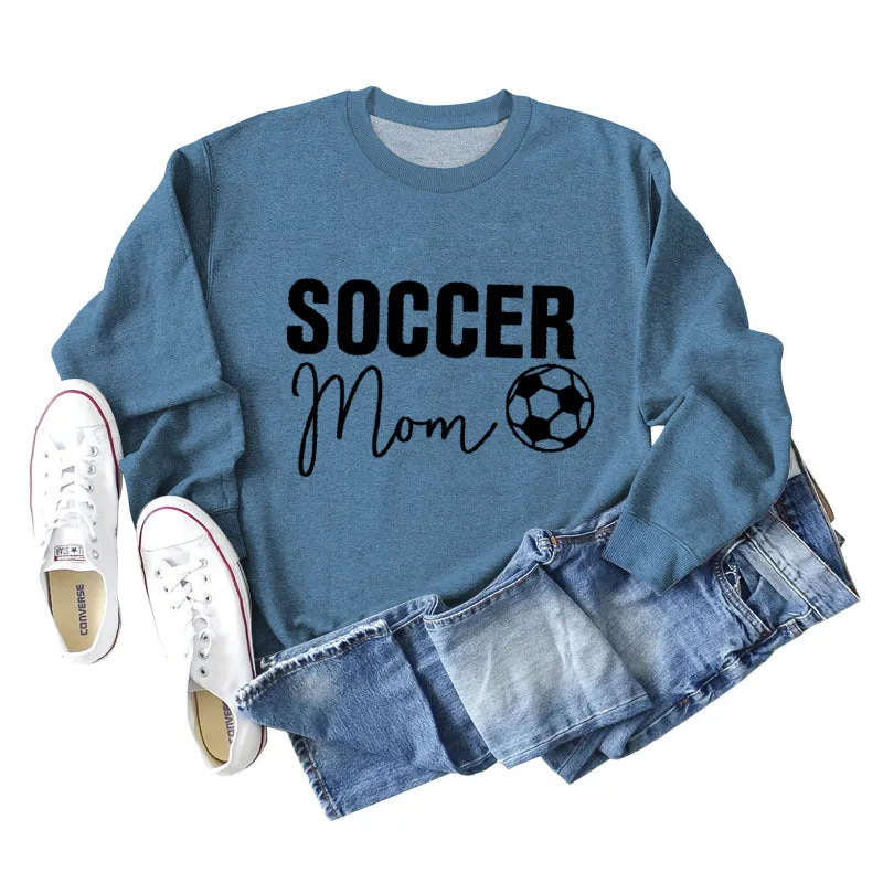 SOCCER MOM Football Letter Fashion Women's Long Sleeve Shirt Loose Sweater