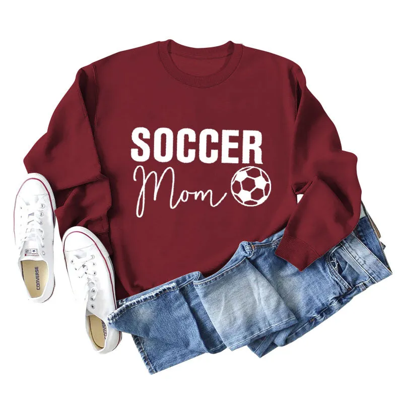 SOCCER MOM Football Letter Fashion Women's Long Sleeve Shirt Loose Sweater