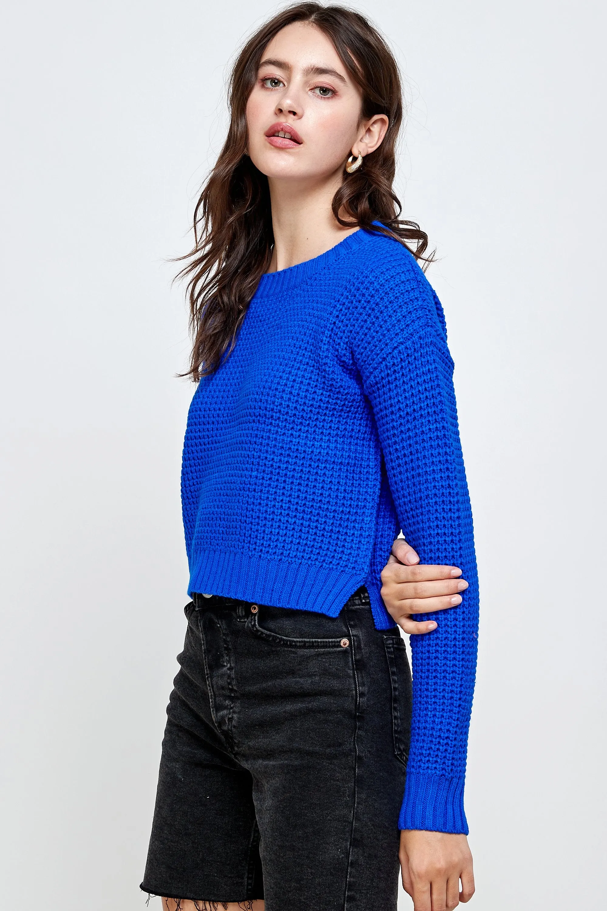 Waffle Knitted Cropped Sweater Top