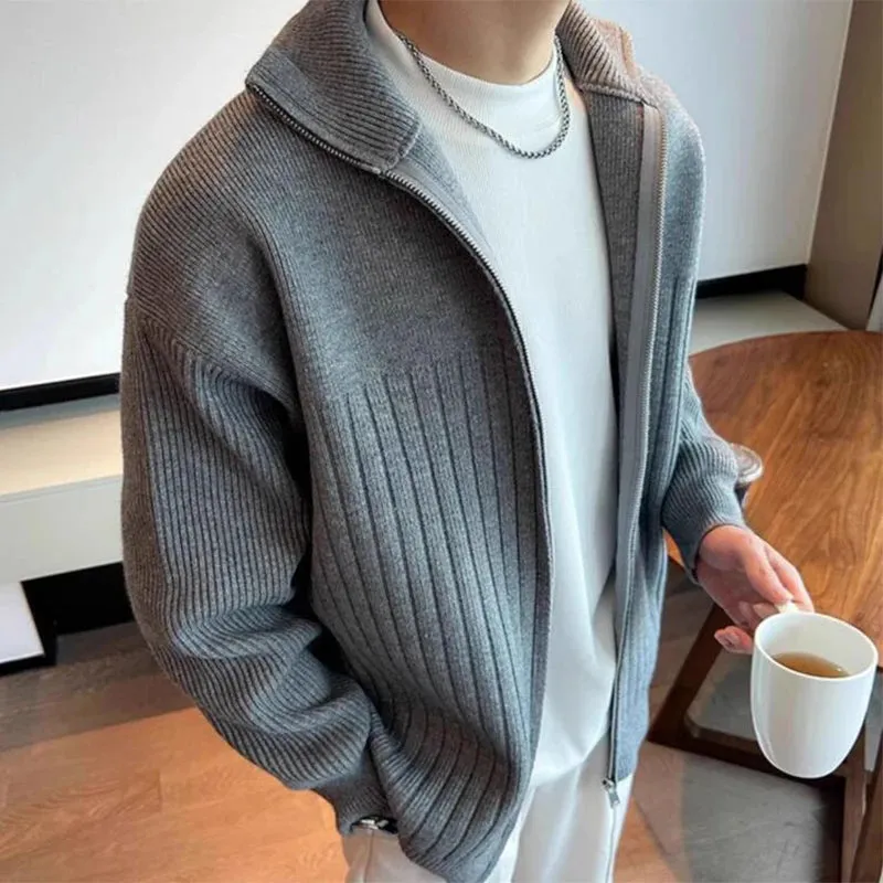 Wiaofellas  -  Men's Stand Collar Knitted Sweater Coats Men Clothing Zipper Striped Texutre Slim Jackets Solid Winter Knitwear Coats Male