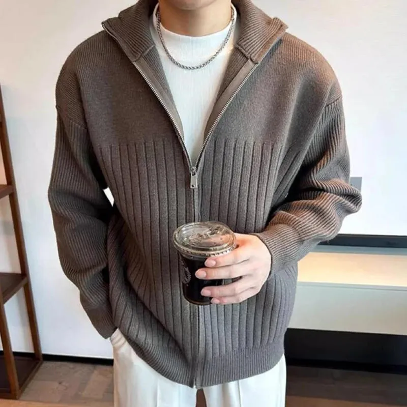 Wiaofellas  -  Men's Stand Collar Knitted Sweater Coats Men Clothing Zipper Striped Texutre Slim Jackets Solid Winter Knitwear Coats Male