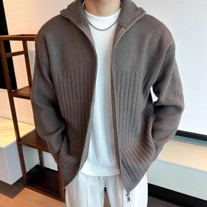 Wiaofellas  -  Men's Stand Collar Knitted Sweater Coats Men Clothing Zipper Striped Texutre Slim Jackets Solid Winter Knitwear Coats Male