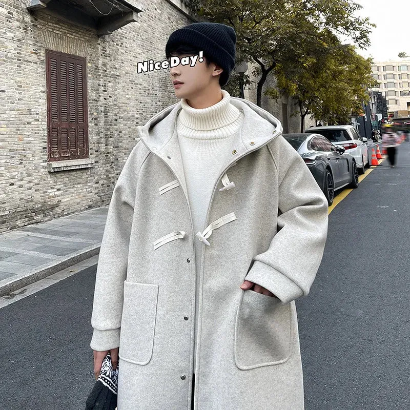 WIAOFELLAS Winter Men Coats Women Solid Hooded Long Jacket with Cowhorn New Korean Casual Loose Coat Fashion Male Clothing for Unisex