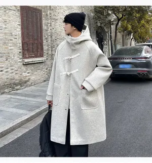 WIAOFELLAS Winter Men Coats Women Solid Hooded Long Jacket with Cowhorn New Korean Casual Loose Coat Fashion Male Clothing for Unisex