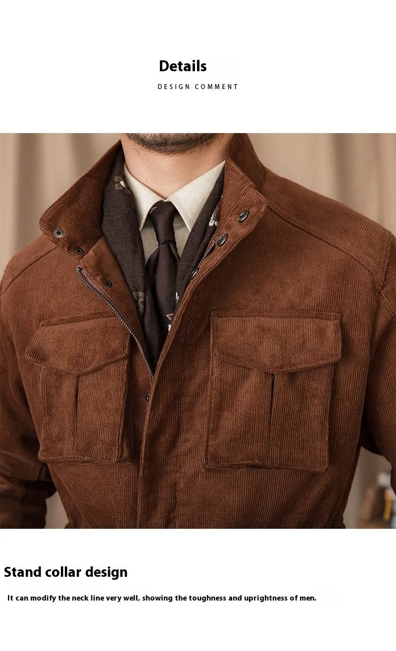 Windproof Stand Collar Autumn & Winter Corduroy Safari Jacket For Men