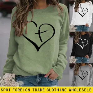 Womens Round Neck Tops Long Sleeve Heart Shape Print Loose Sweatshirt