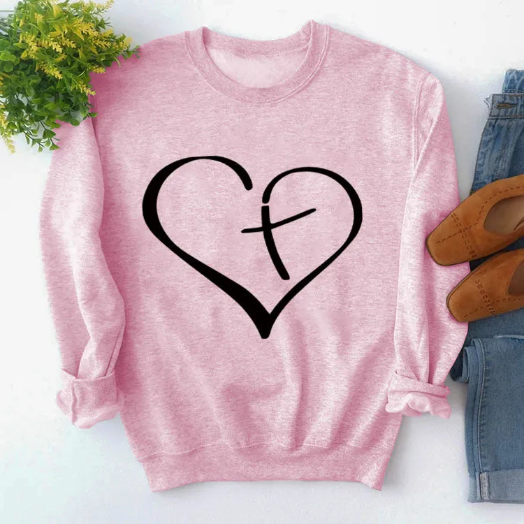 Womens Round Neck Tops Long Sleeve Heart Shape Print Loose Sweatshirt