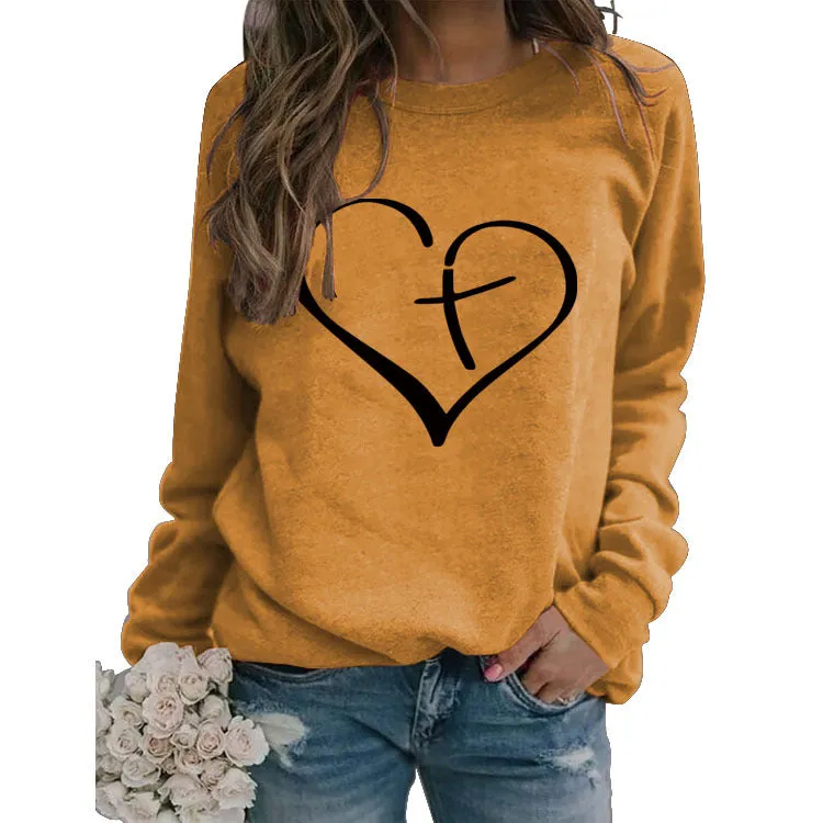 Womens Round Neck Tops Long Sleeve Heart Shape Print Loose Sweatshirt