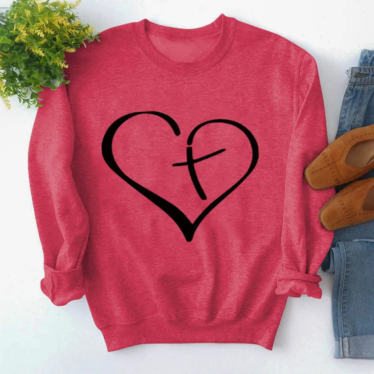 Womens Round Neck Tops Long Sleeve Heart Shape Print Loose Sweatshirt