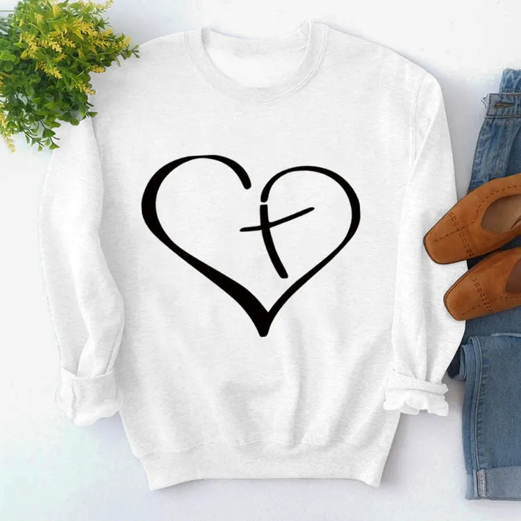 Womens Round Neck Tops Long Sleeve Heart Shape Print Loose Sweatshirt