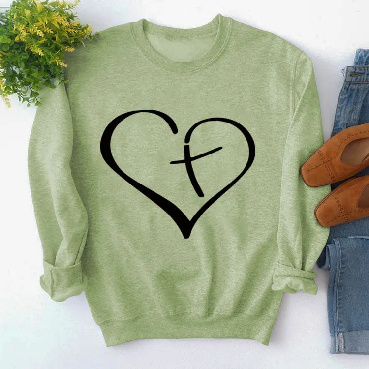 Womens Round Neck Tops Long Sleeve Heart Shape Print Loose Sweatshirt