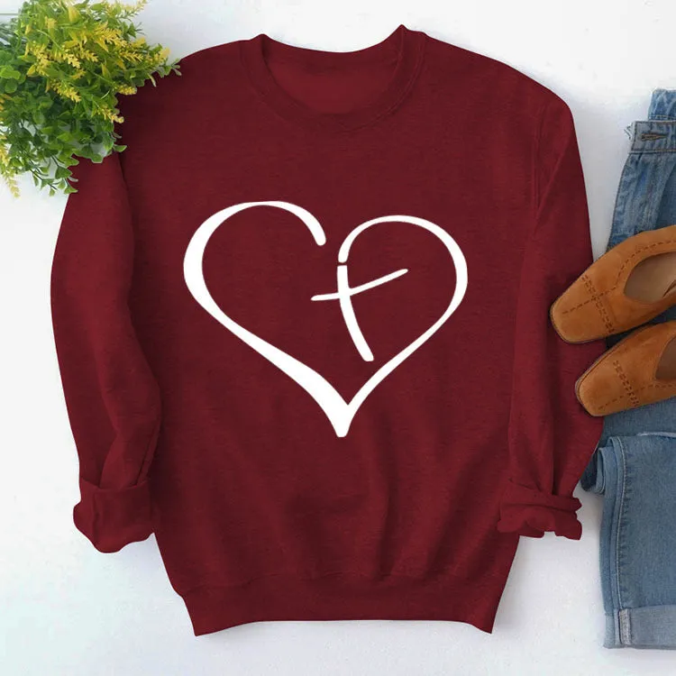 Womens Round Neck Tops Long Sleeve Heart Shape Print Loose Sweatshirt